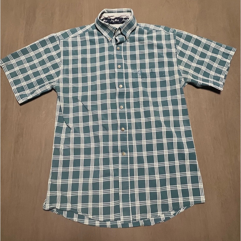 George Strait Wrangler Mens Teal White Plaid Short Sleeve Button Down Shirt L